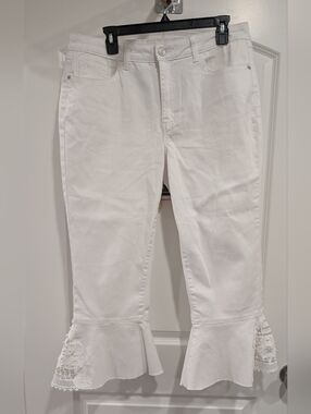 Cato White Cropped Flared Hem Jeans with Lace & Pearl Trim Size 14